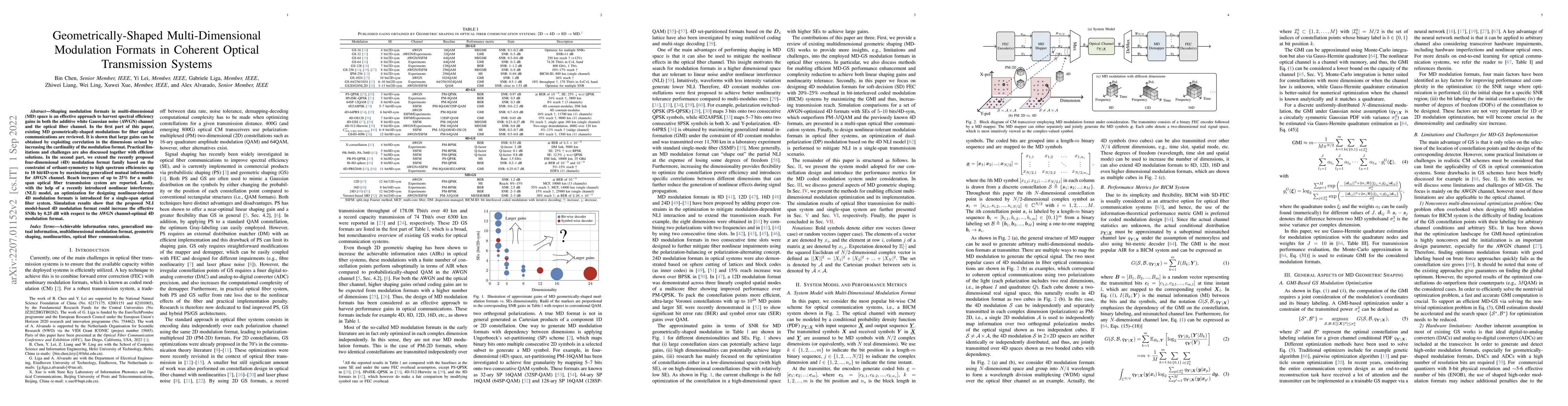 Thumbnail for Geometrically-Shaped Multi-Dimensional Modulation Formats in Coherent
  Optical Transmission Systems