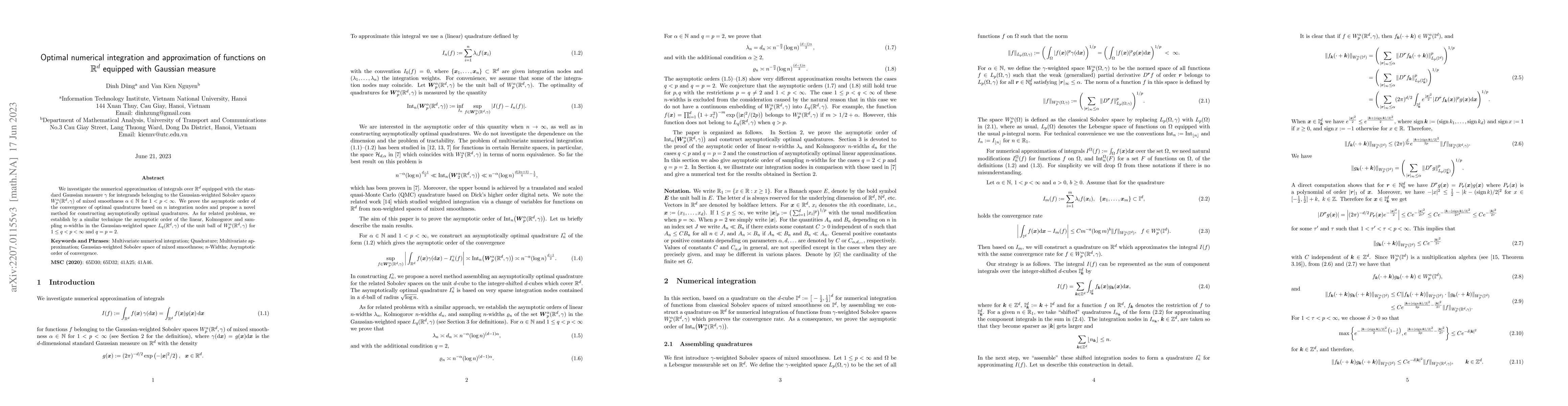 Thumbnail for Optimal numerical integration and approximation of functions on
  $\mathbb{R}^d$ equipped with Gaussian measure