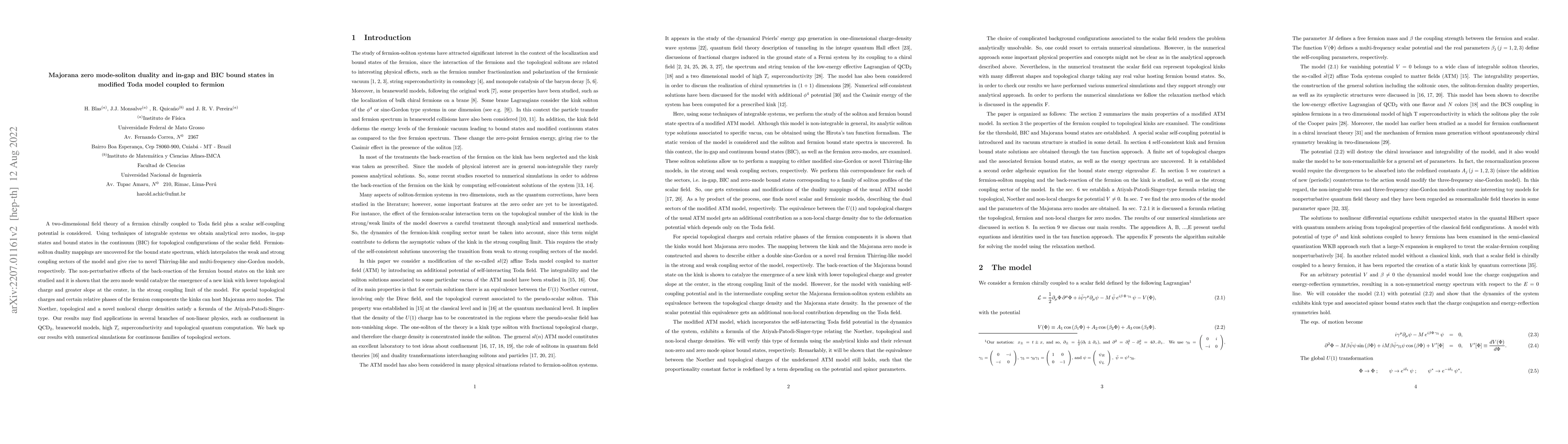 Thumbnail for Majorana zero mode-soliton duality and in-gap and BIC bound states in
  modified Toda model coupled to fermion