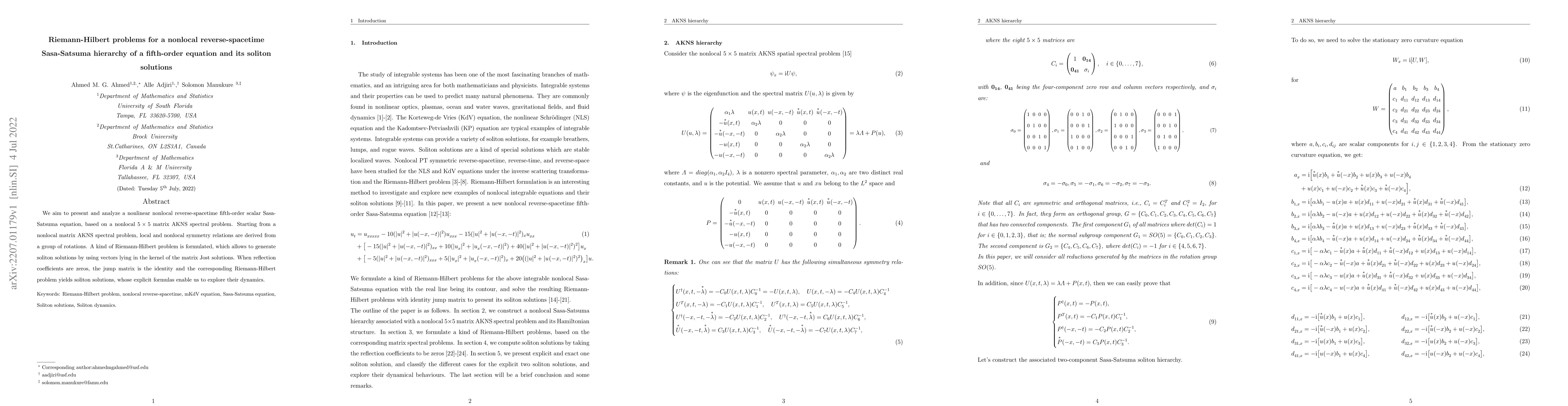 Thumbnail for Riemann-Hilbert problems for a nonlocal reverse-spacetime Sasa-Satsuma
  hierarchy of a fifth-order equation and its soliton solutions