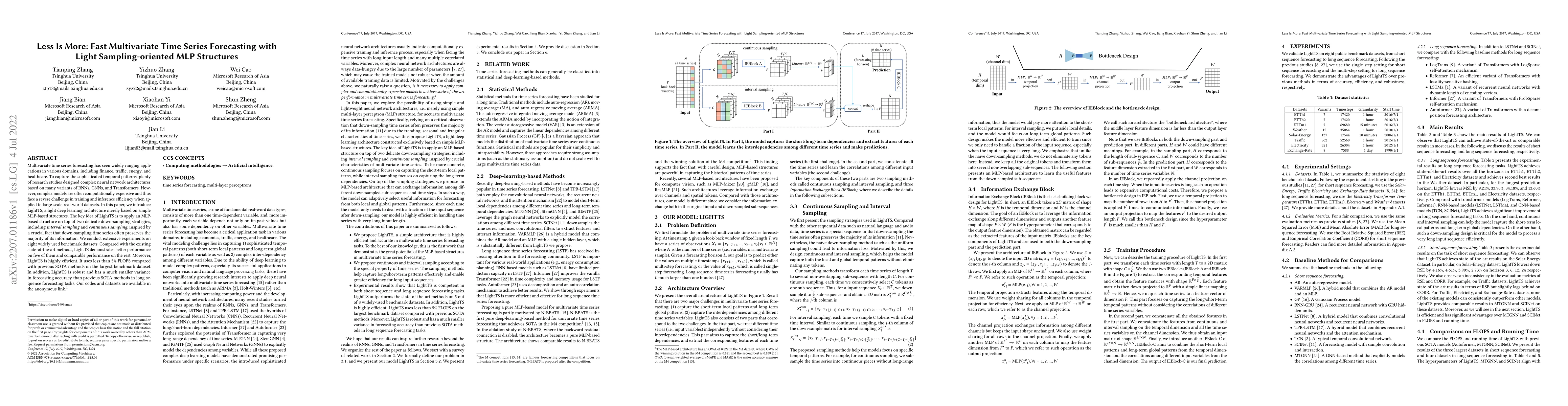 Thumbnail for Less Is More: Fast Multivariate Time Series Forecasting with Light
  Sampling-oriented MLP Structures