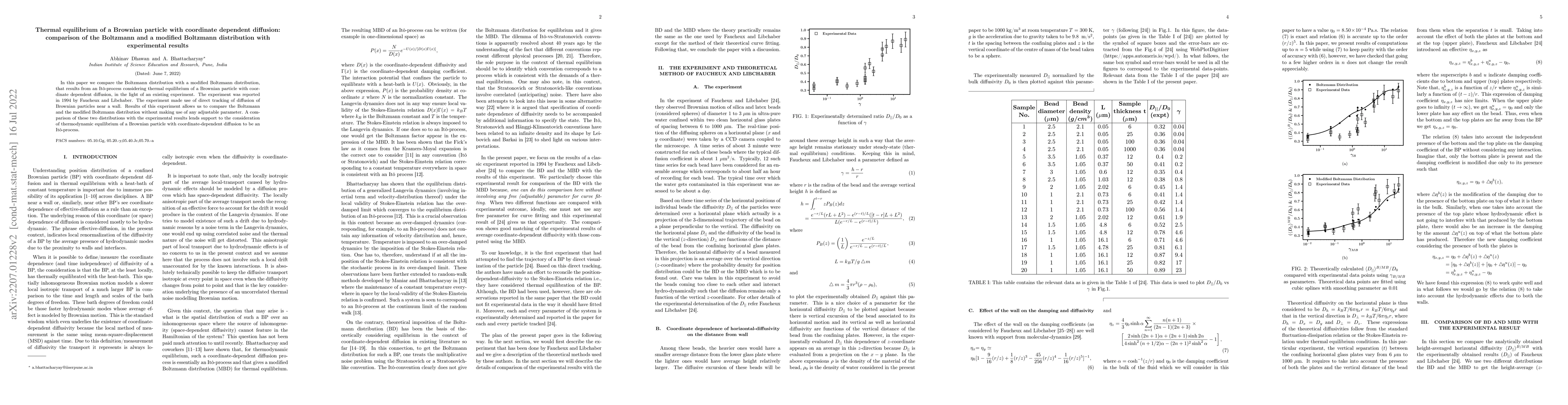 Thumbnail for Thermal equilibrium of a Brownian particle with coordinate dependent
  diffusion: comparison of Boltzmann and modified Boltzmann distributions with
  experimental results