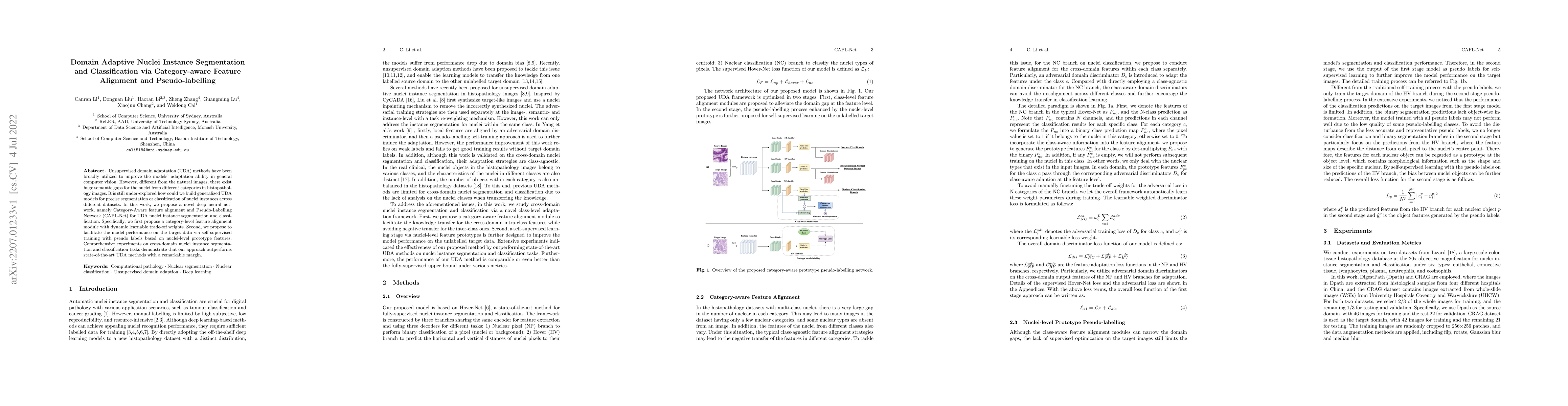 Thumbnail for Domain Adaptive Nuclei Instance Segmentation and Classification via
  Category-aware Feature Alignment and Pseudo-labelling