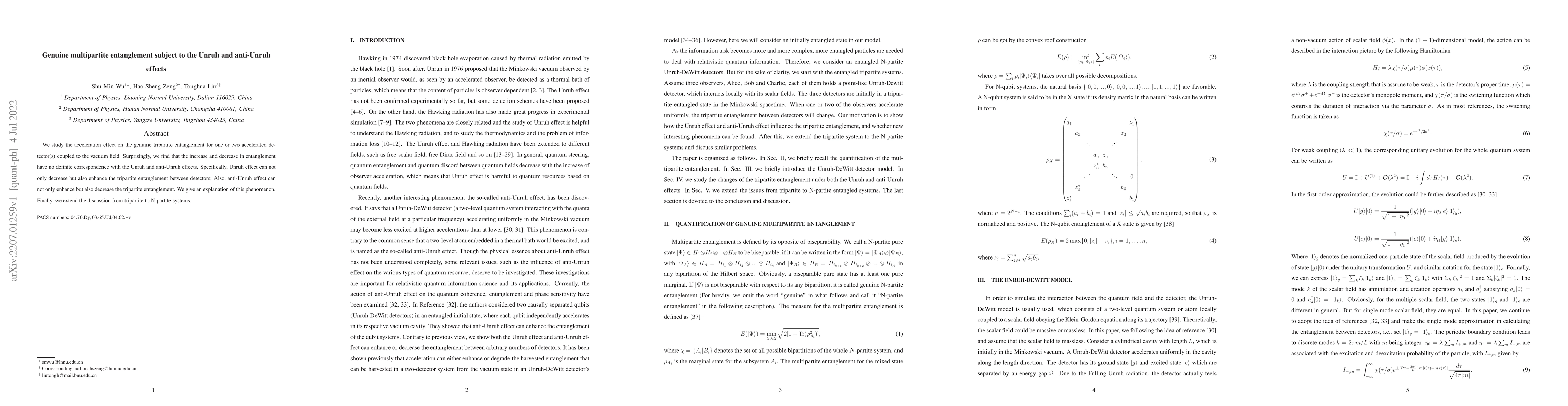 Thumbnail for Genuine multipartite entanglement subject to the Unruh and anti-Unruh
  effects