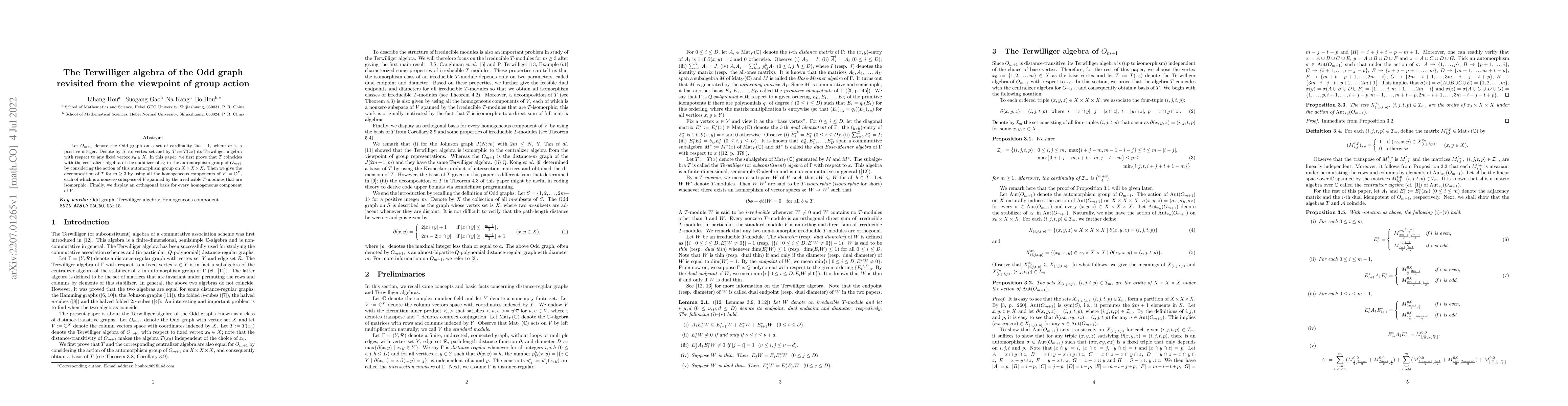 Thumbnail for The Terwilliger algebra of the Odd graph revisited from the viewpoint of
  group action