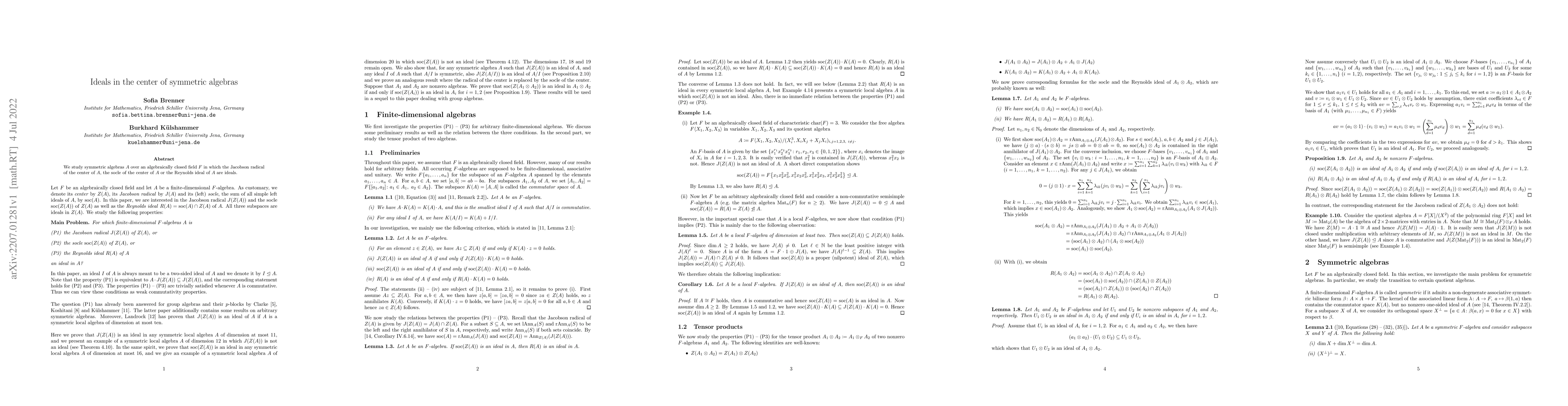 Thumbnail for Ideals in the center of symmetric algebras