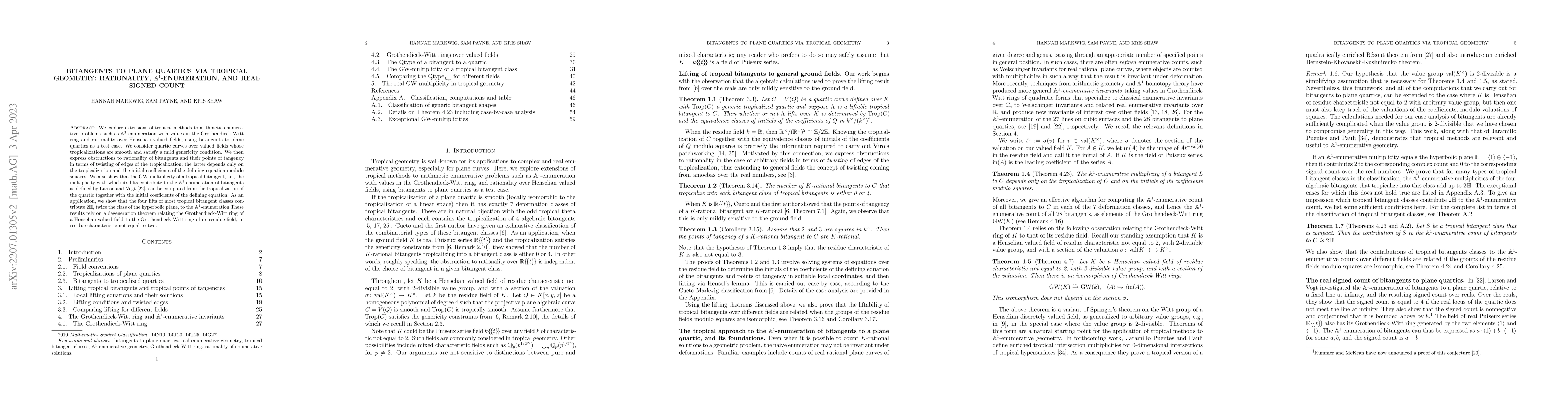 Thumbnail for Bitangents to plane quartics via tropical geometry: rationality,
  $\mathbb{A}^1$-enumeration, and real signed count