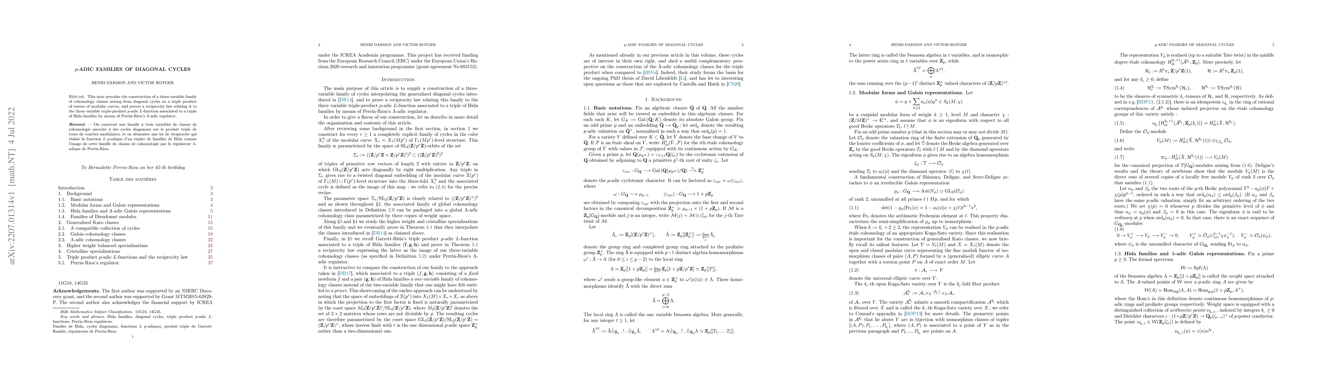 Thumbnail for $p$-adic families of diagonal cycles