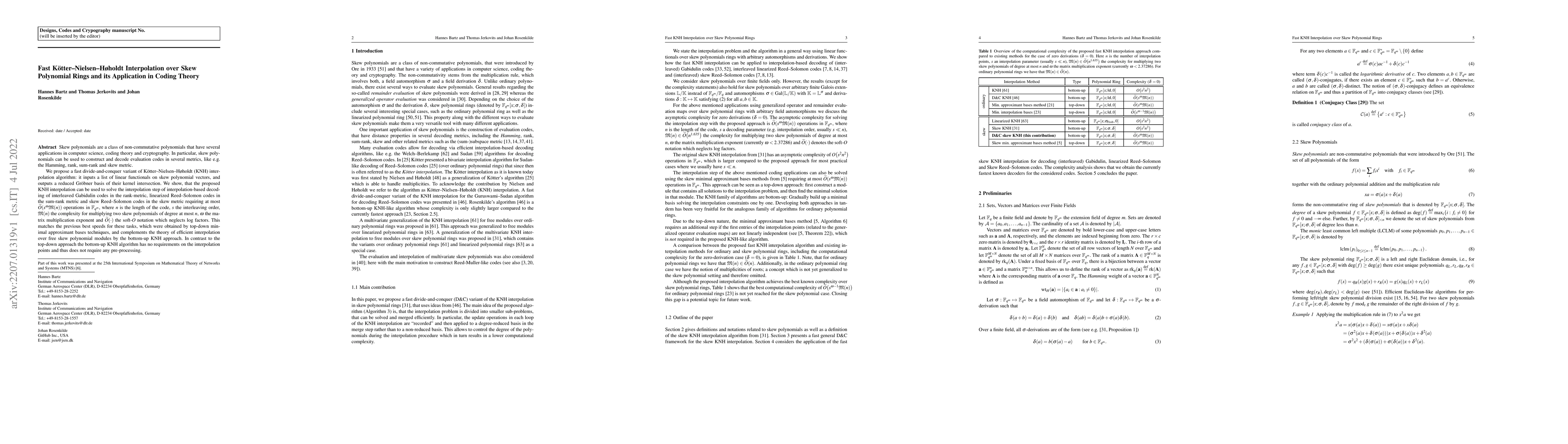 Thumbnail for Fast K\"otter-Nielsen-H{\o}holdt Interpolation over Skew Polynomial
  Rings and its Application in Coding Theory