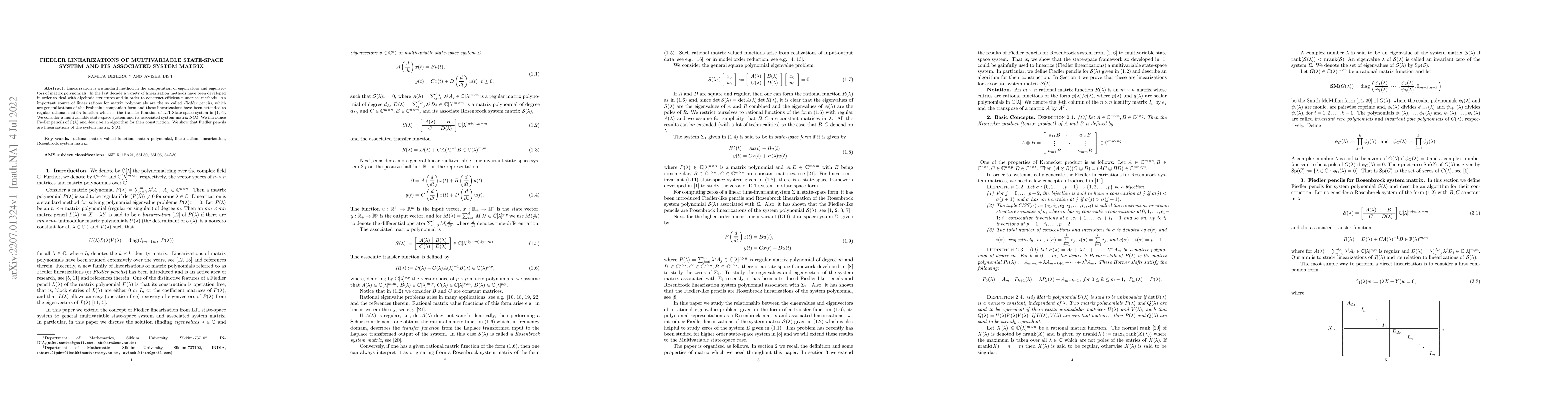 Thumbnail for Fiedler Linearizations of Multivariable State-Space System and its
  Associated System Matrix