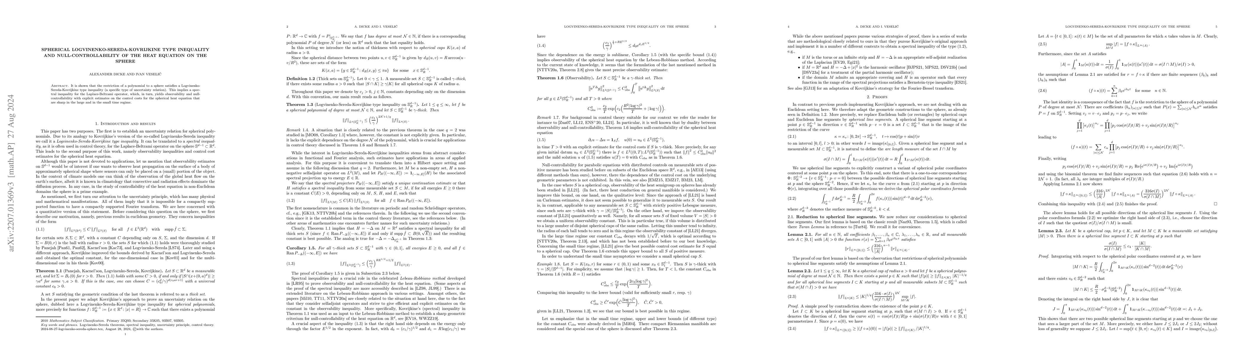 Thumbnail for Spherical Logvinenko-Sereda-Kovrijkine type inequality and
  null-controllability of the heat equation on the sphere