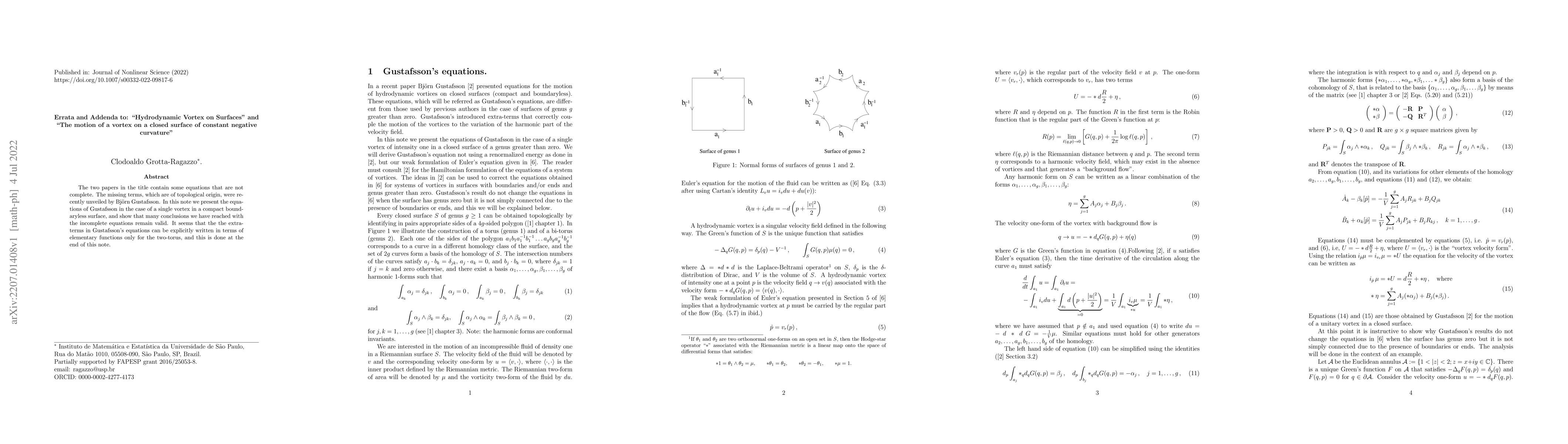 Thumbnail for Errata and Addenda to: "Hydrodynamic Vortex on Surfaces" and "The motion
  of a vortex on a closed surface of constant negative curvature"
