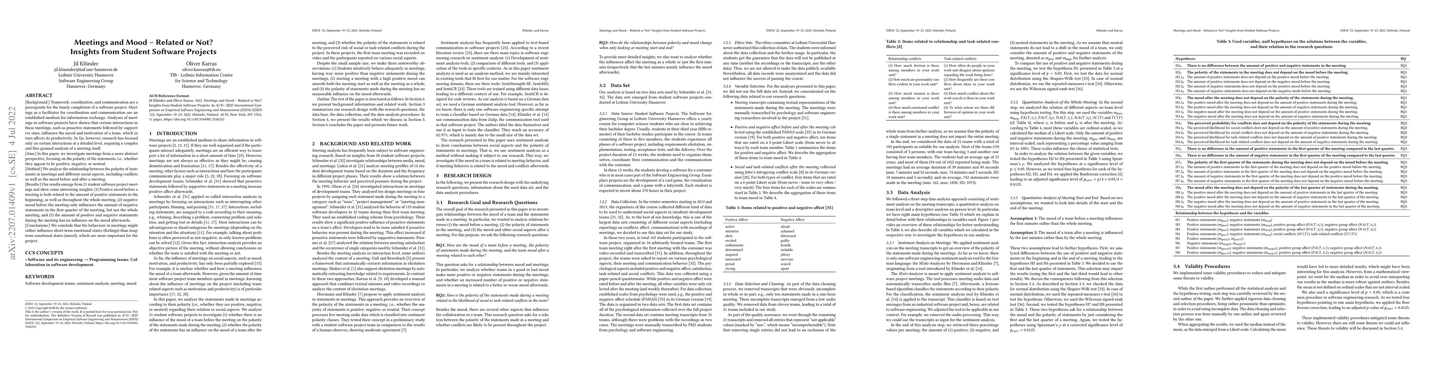Thumbnail for Meetings and Mood -- Related or Not? Insights from Student Software
  Projects