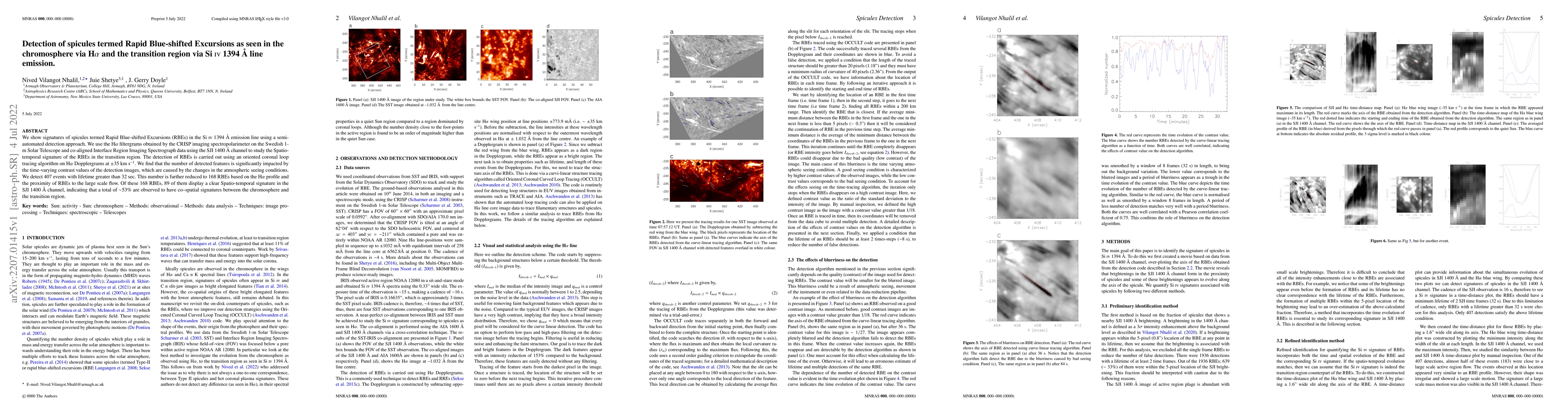 Thumbnail for Detection of spicules termed Rapid Blue-shifted Excursions as seen in
  the chromosphere via H{\alpha} and the transition region via Si iv 1394 {\AA}
  line emission