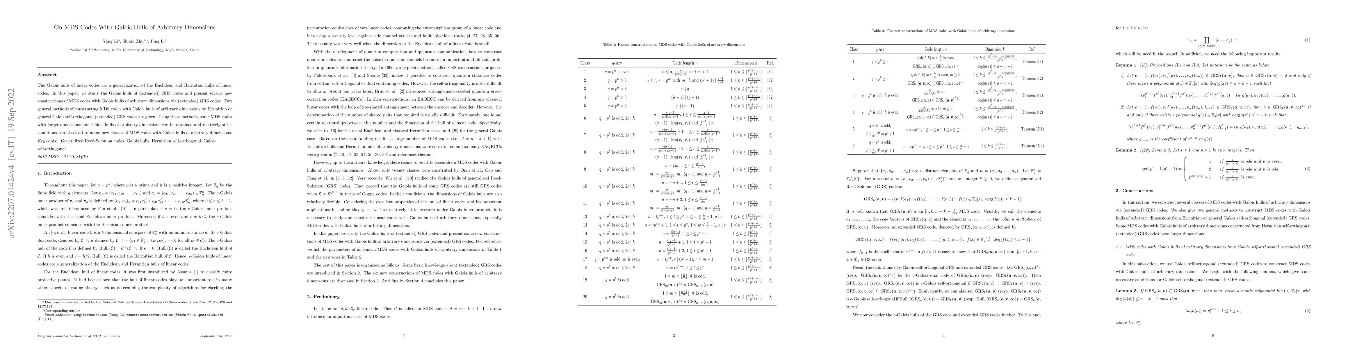 Thumbnail for On MDS Codes With Galois Hulls of Arbitrary Dimensions