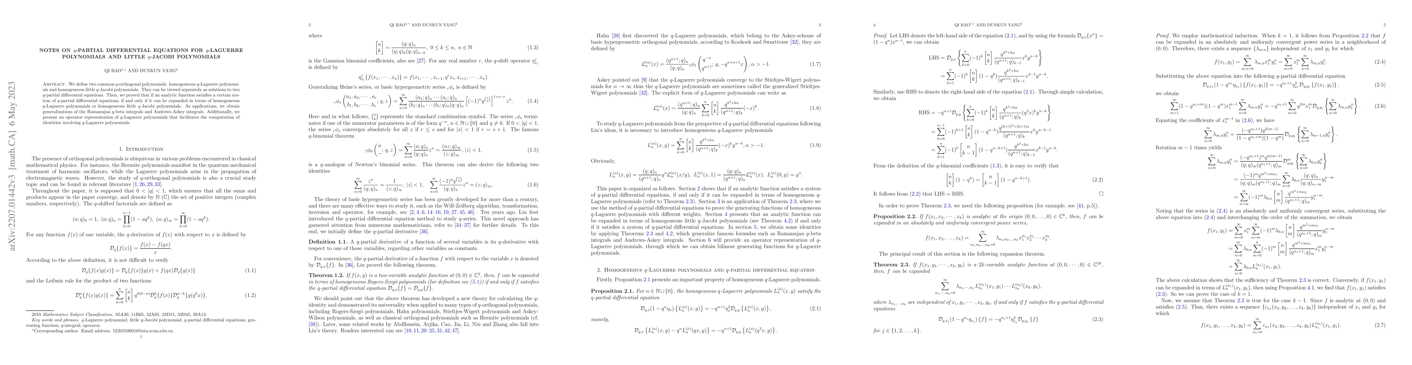 Thumbnail for Notes on $q$-partial differential equations for $q$-Laguerre polynomials
  and little $q$-Jacobi polynomials