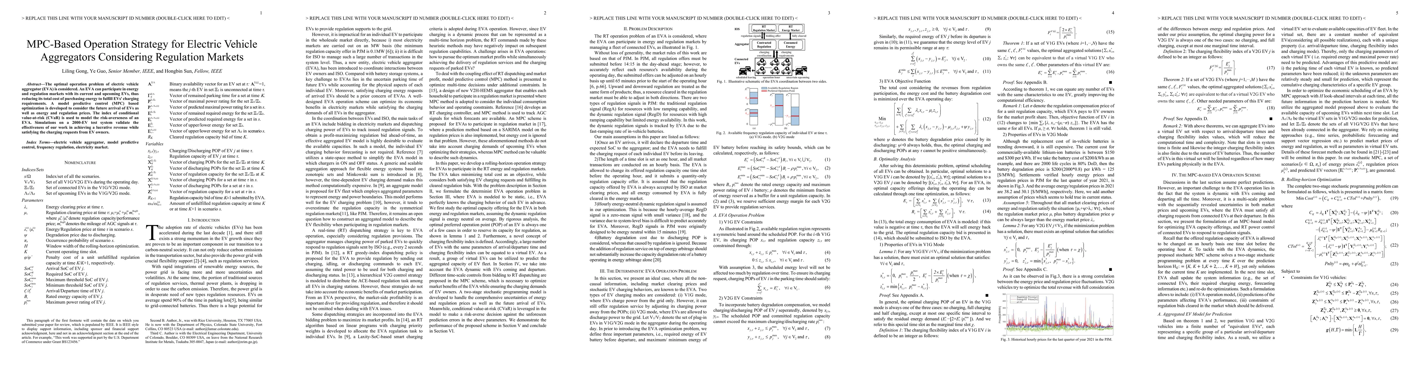Thumbnail for MPC-Based Operation Strategy for Electric Vehicle Aggregators
  Considering Regulation Markets