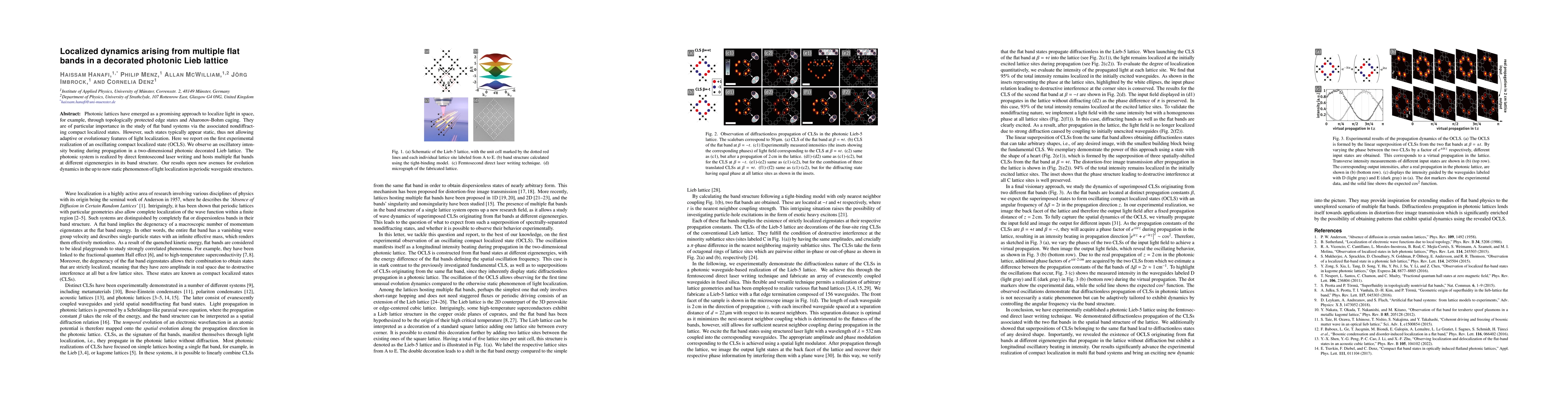 Thumbnail for Localized dynamics arising from multiple flat bands in a decorated
  photonic Lieb lattice
