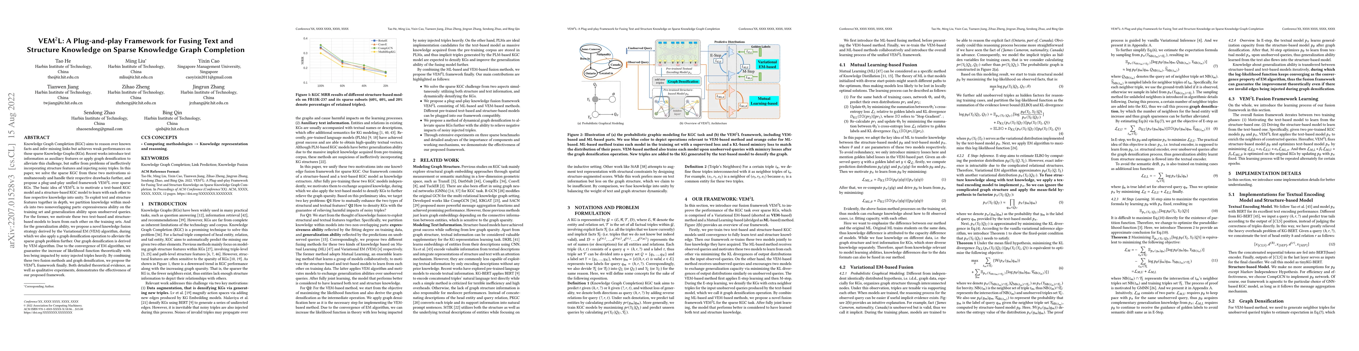 Thumbnail for VEM$^2$L: A Plug-and-play Framework for Fusing Text and Structure
  Knowledge on Sparse Knowledge Graph Completion