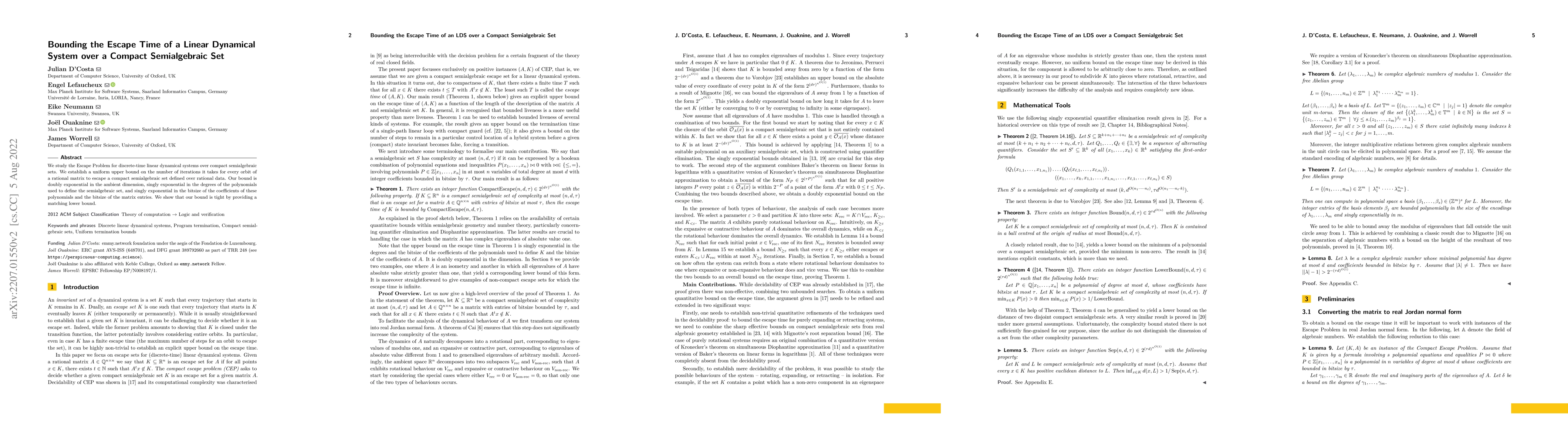 Thumbnail for Bounding the Escape Time of a Linear Dynamical System over a Compact
  Semialgebraic Set