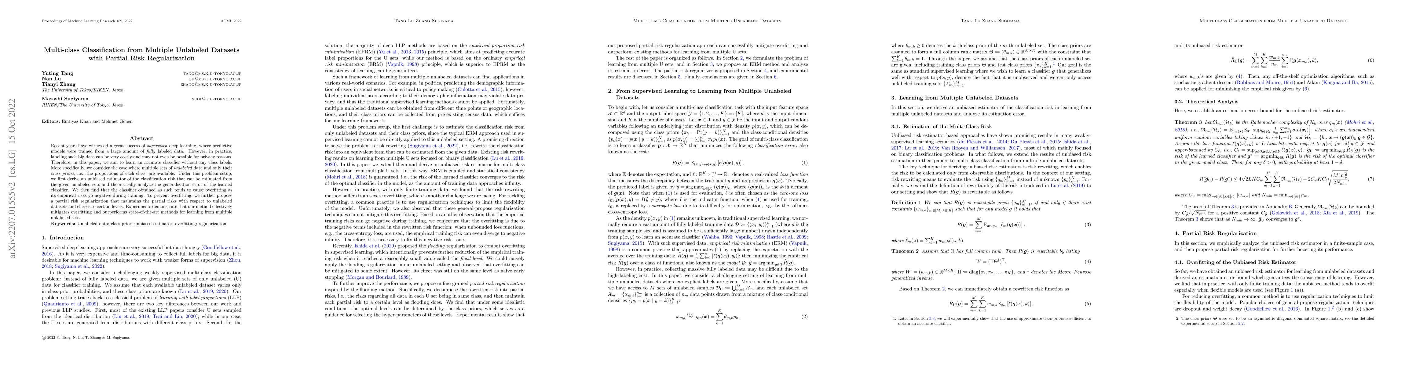 Thumbnail for Multi-class Classification from Multiple Unlabeled Datasets with Partial
  Risk Regularization