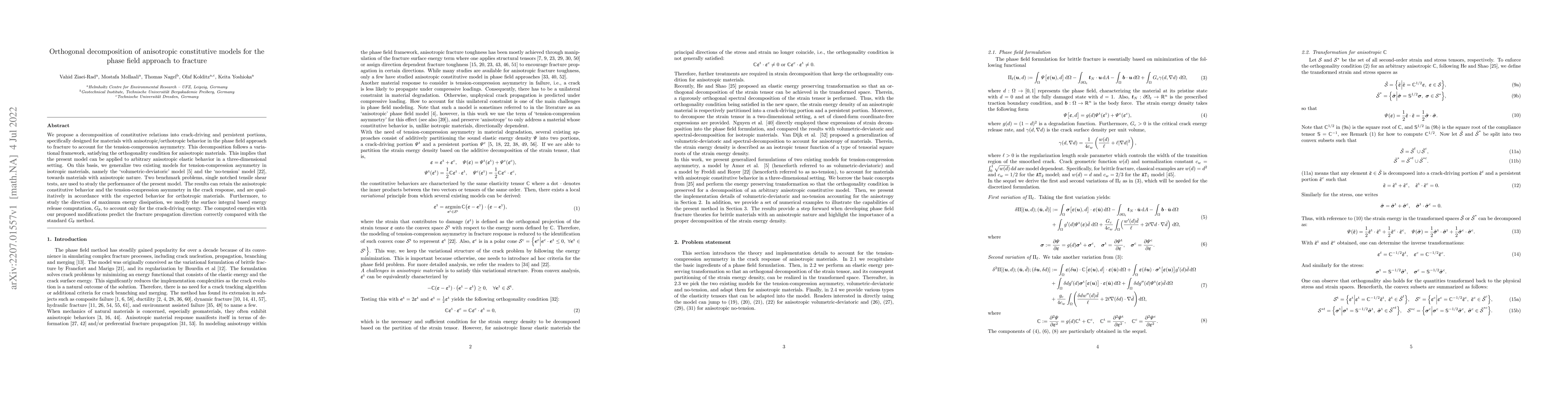 Thumbnail for Orthogonal decomposition of anisotropic constitutive models for the
  phase field approach to fracture