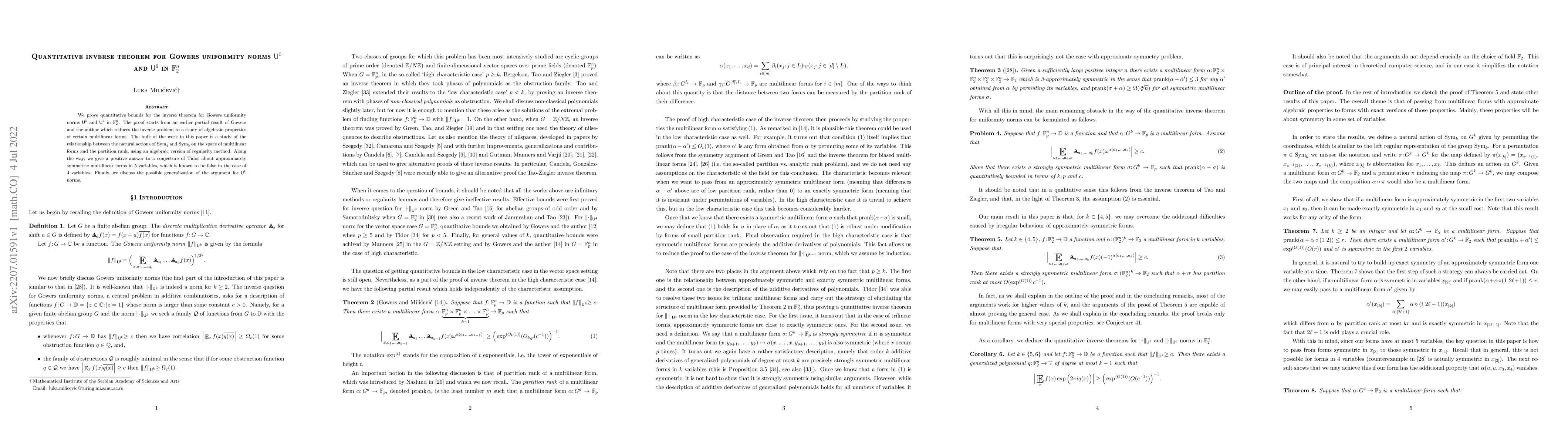 Thumbnail for Quantitative inverse theorem for Gowers uniformity norms $\mathsf{U}^5$
  and $\mathsf{U}^6$ in $\mathbb{F}_2^n$