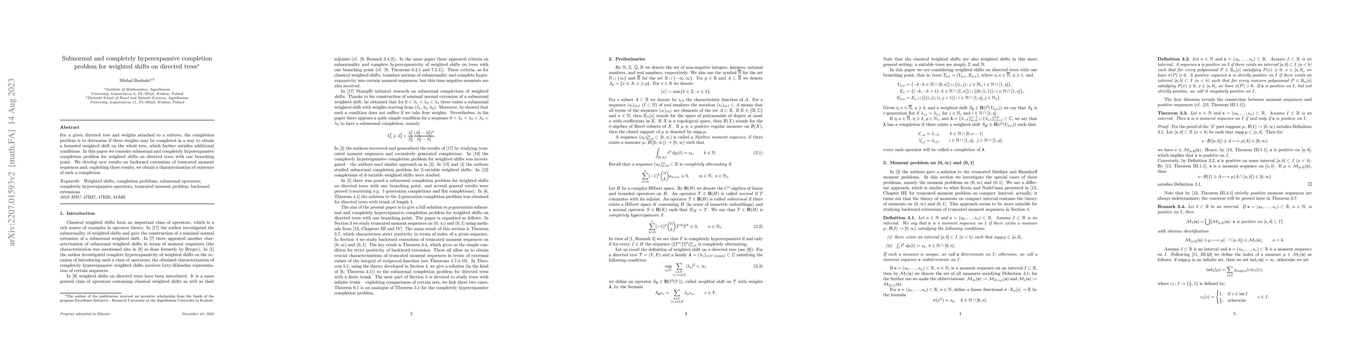 Thumbnail for Subnormal and completely hyperexpansive completion problem of weighted
  shifts on directed trees