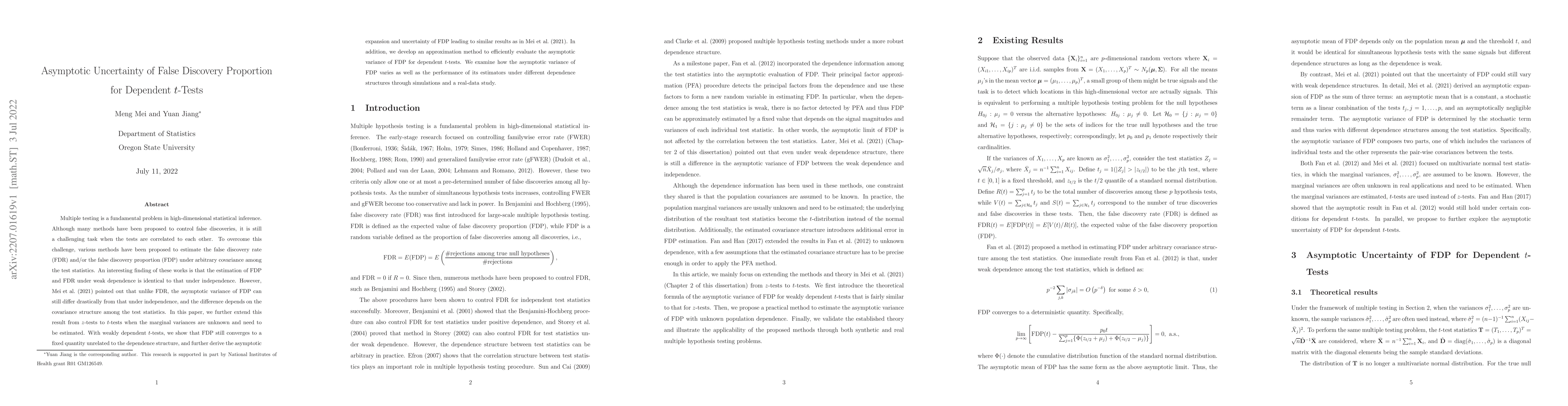 Thumbnail for Asymptotic Uncertainty of False Discovery Proportion for Dependent
  $t$-Tests