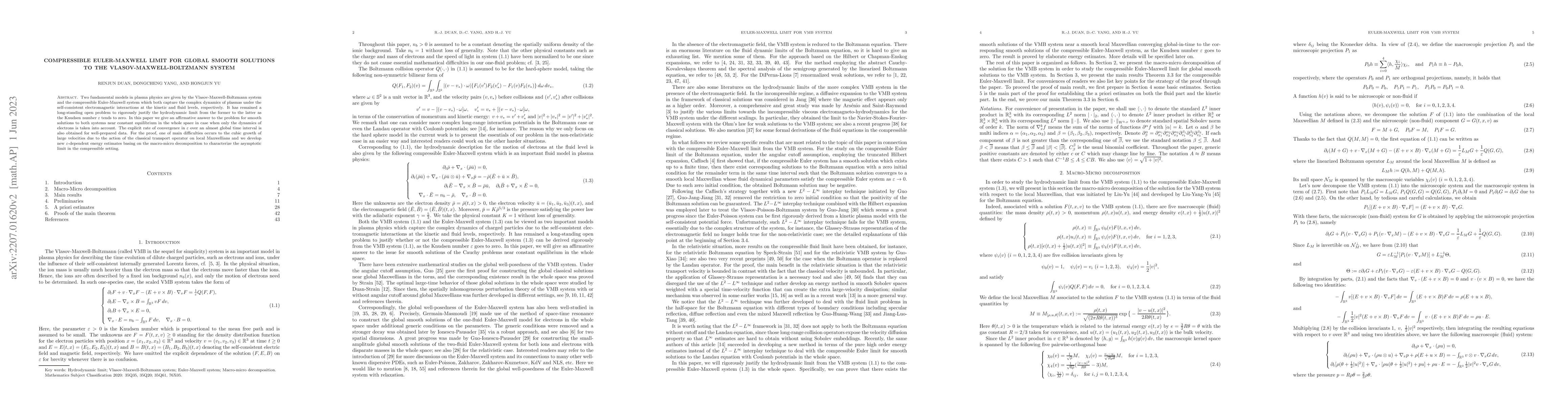 Thumbnail for Compressible Euler-Maxwell limit for global smooth solutions to the
  Vlasov-Maxwell-Boltzmann system