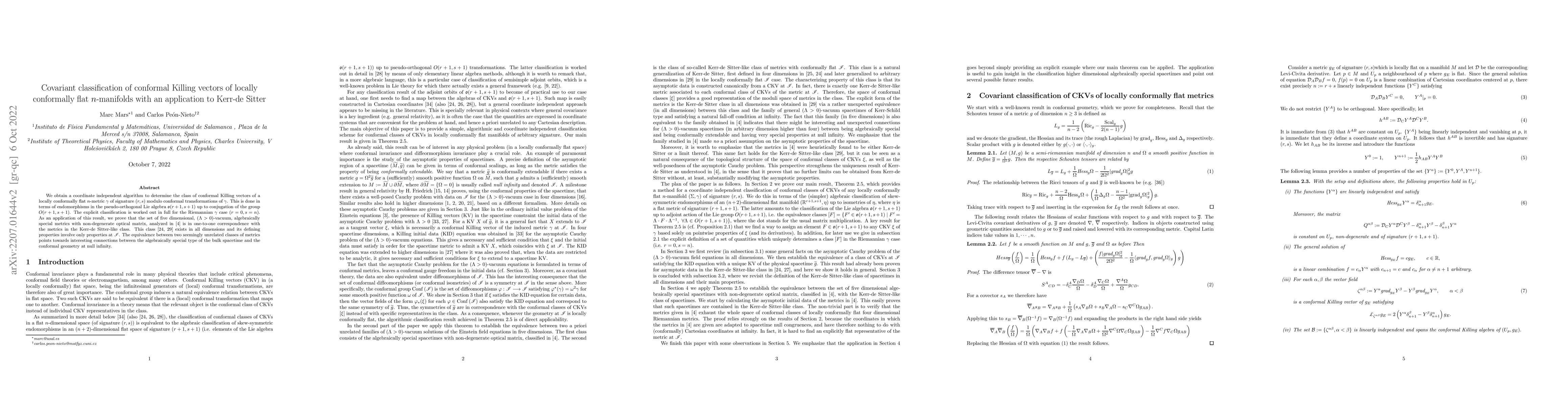Thumbnail for Covariant classification of conformal Killing vectors of locally
  conformally flat $n$-manifolds with an application to Kerr-de Sitter