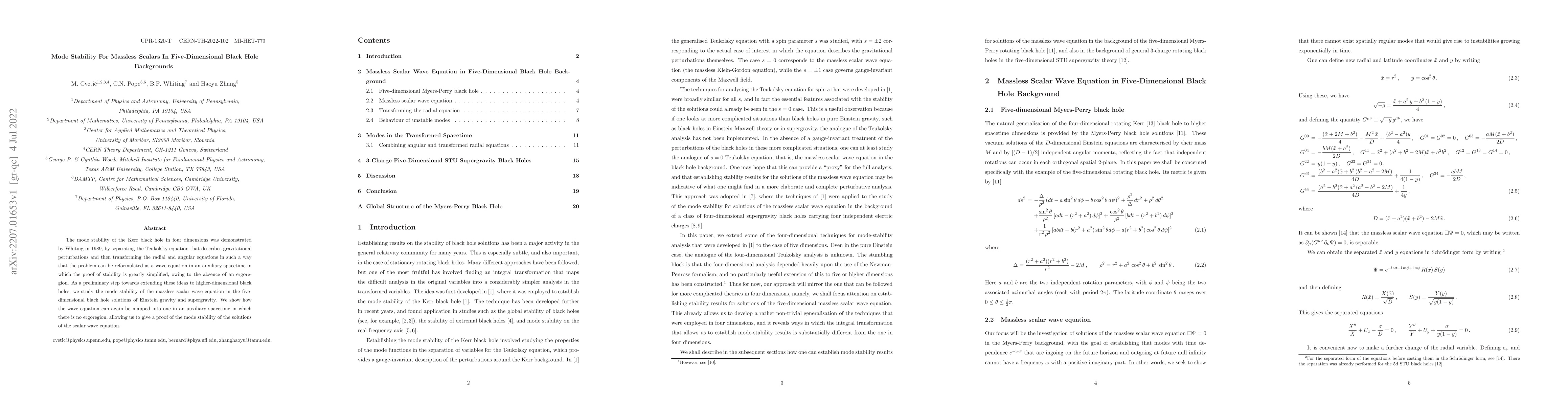 Thumbnail for Mode Stability For Massless Scalars In Five-Dimensional Black Hole
  Backgrounds