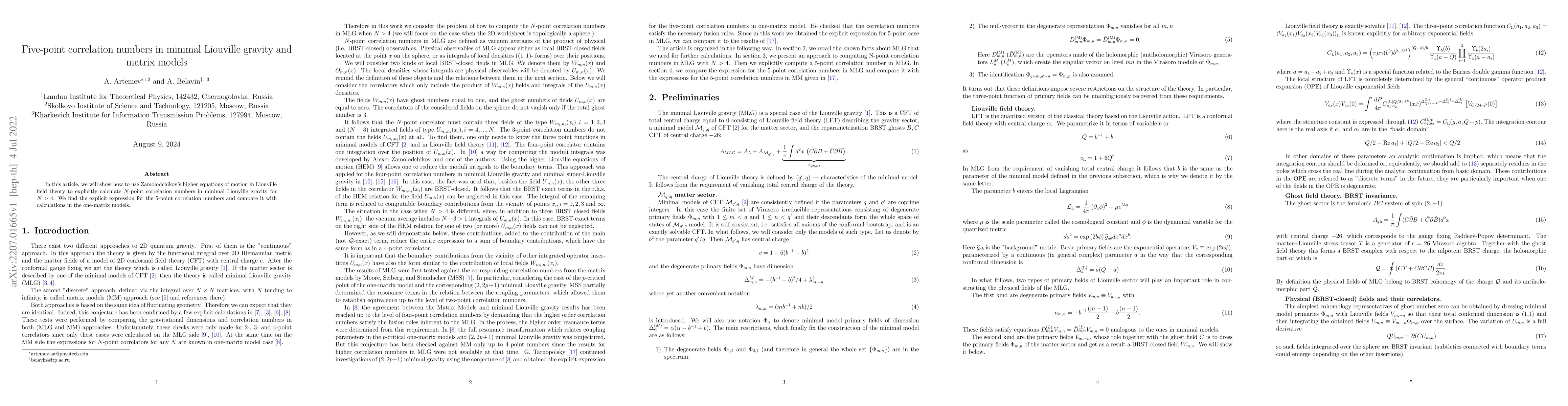 Thumbnail for Five-point correlation numbers in minimal Liouville gravity and matrix
  models