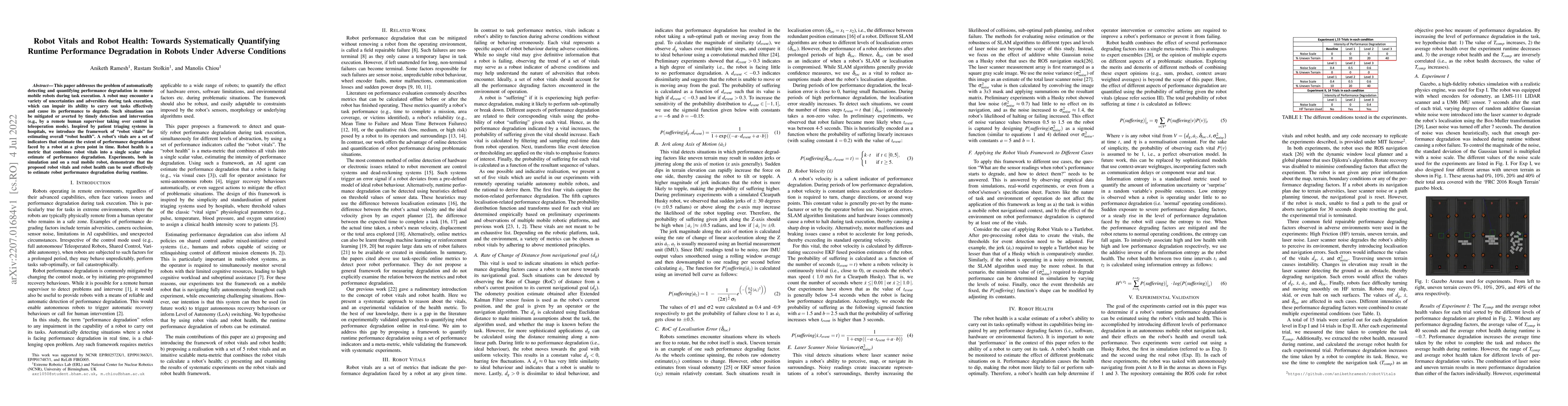 Thumbnail for Robot Vitals and Robot Health: Towards Systematically Quantifying
  Runtime Performance Degradation in Robots Under Adverse Conditions