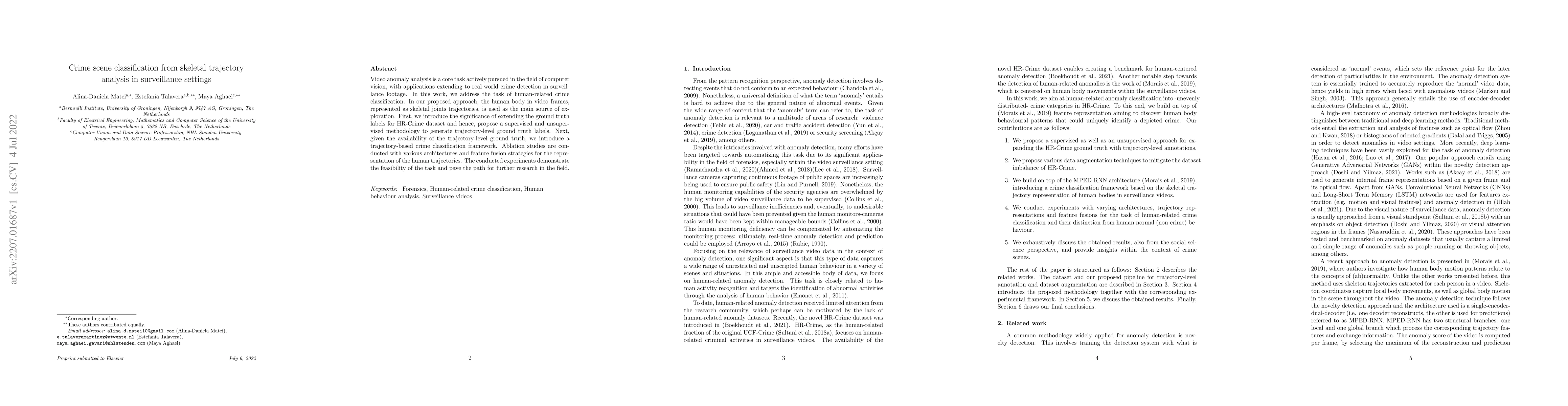 Thumbnail for Crime scene classification from skeletal trajectory analysis in
  surveillance settings