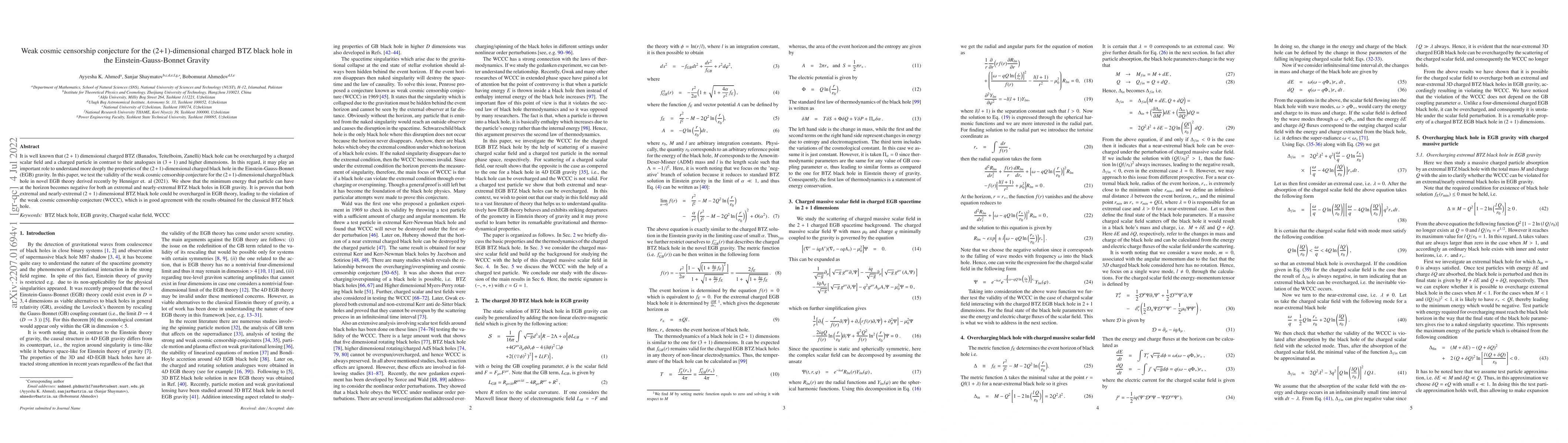Thumbnail for Weak cosmic censorship conjecture for the (2+1)-dimensional charged BTZ
  black hole in the Einstein-Gauss-Bonnet Gravity