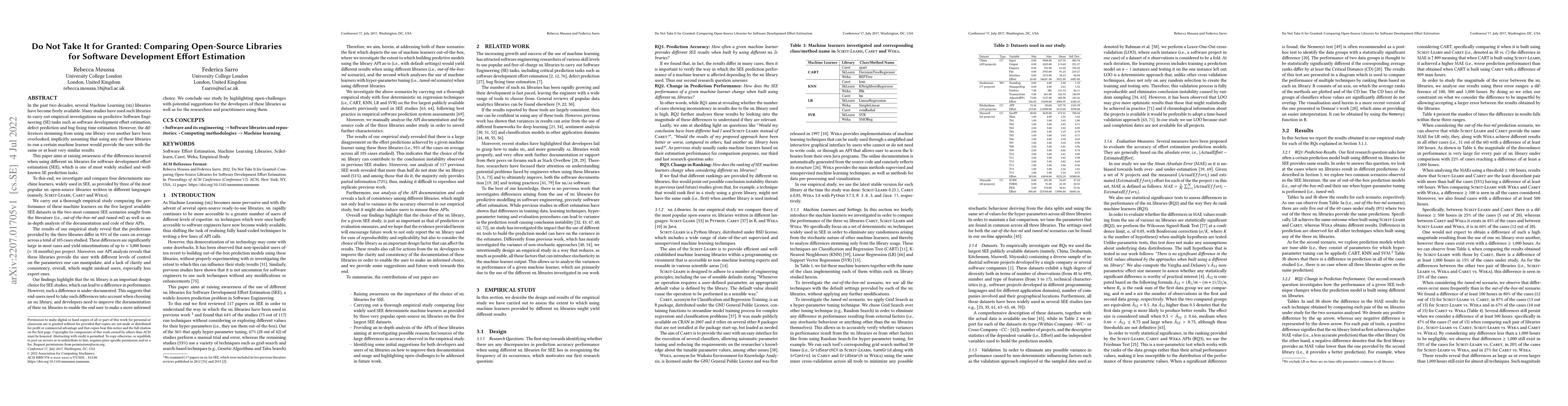 Thumbnail for Do Not Take It for Granted: Comparing Open-Source Libraries for Software
  Development Effort Estimation