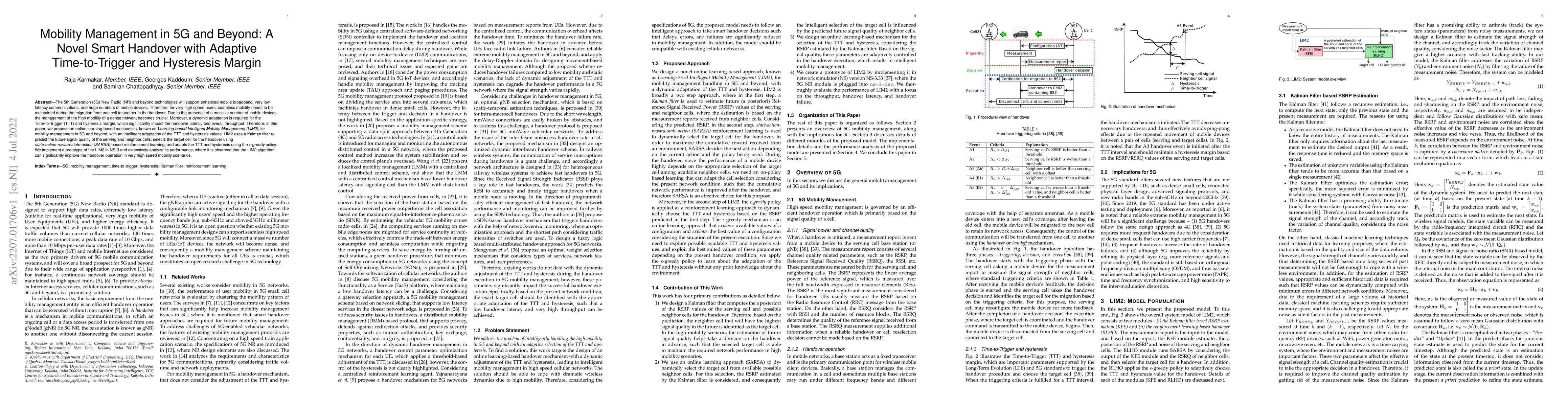 Thumbnail for Mobility Management in 5G and Beyond: A Novel Smart Handover with
  Adaptive Time-to-Trigger and Hysteresis Margin