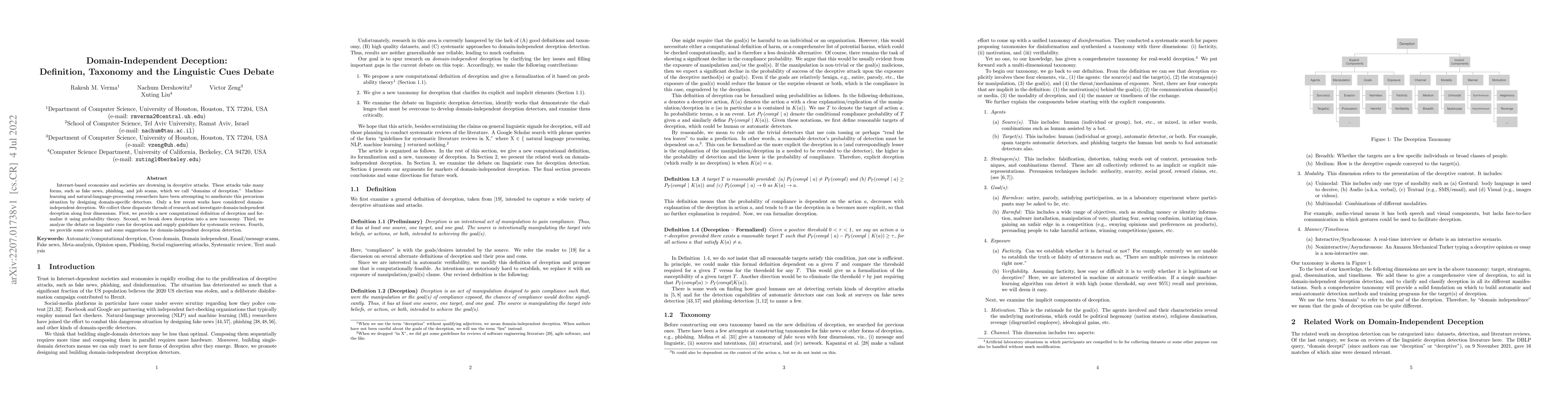 Thumbnail for Domain-Independent Deception: Definition, Taxonomy and the Linguistic
  Cues Debate
