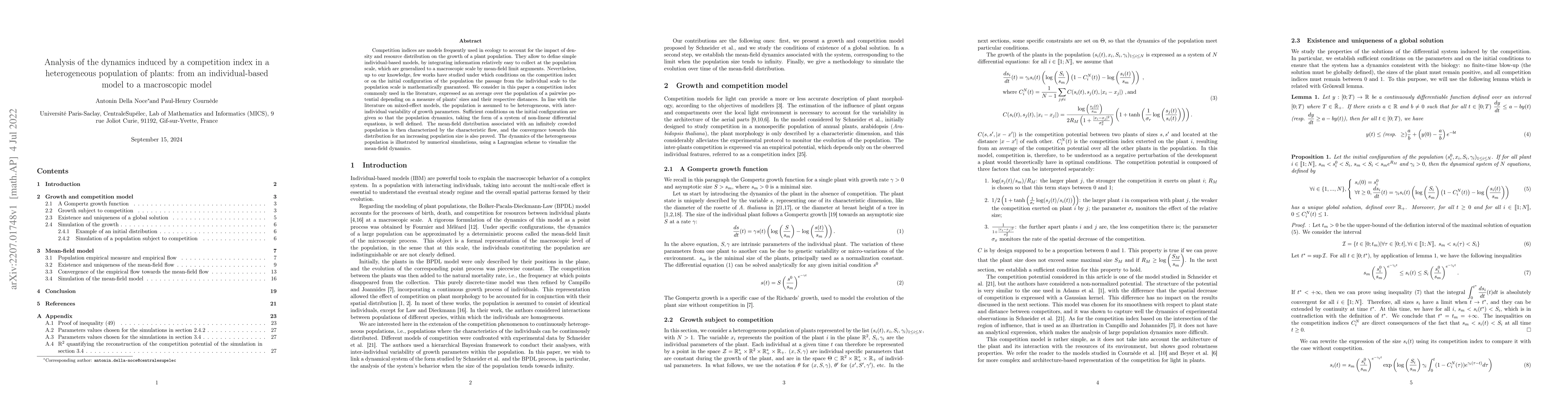 Thumbnail for Analysis of the dynamics induced by a competition index in a
  heterogeneous population of plants: from an individual-based model to a
  macroscopic model