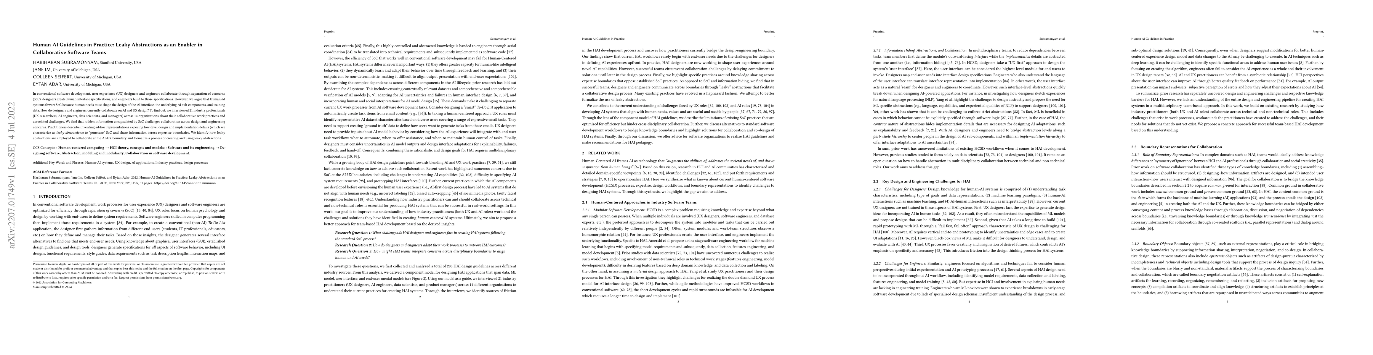 Thumbnail for Human-AI Guidelines in Practice: Leaky Abstractions as an Enabler in
  Collaborative Software Teams