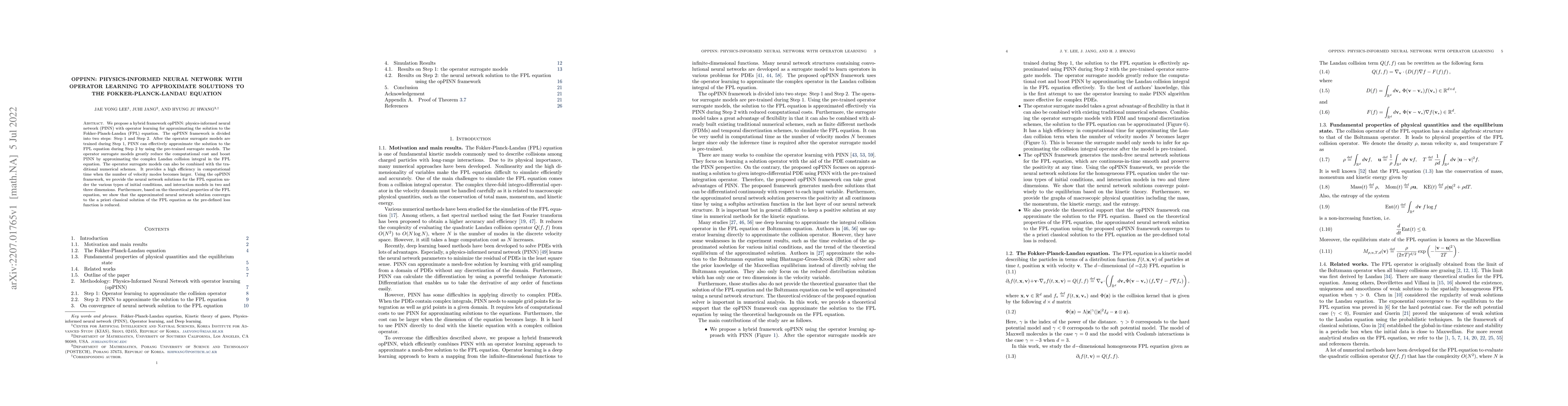Thumbnail for opPINN: Physics-Informed Neural Network with operator learning to
  approximate solutions to the Fokker-Planck-Landau equation