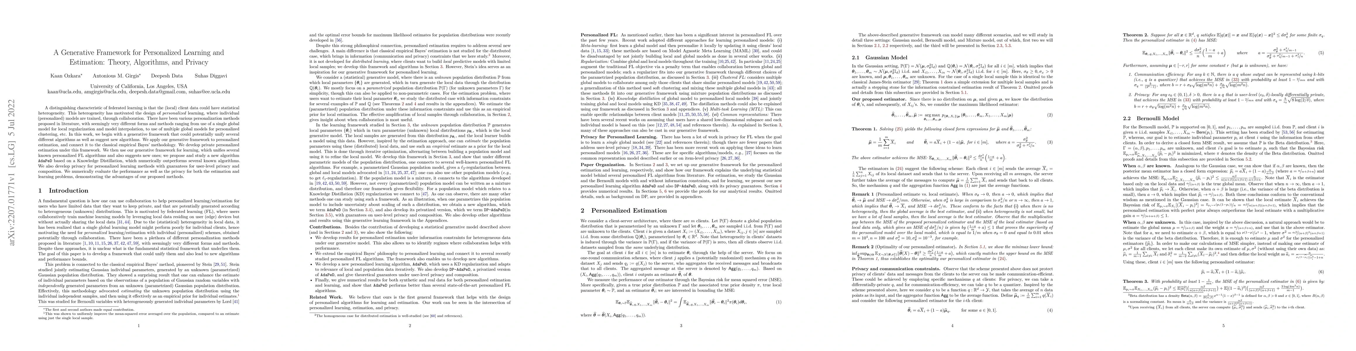 Thumbnail for A Generative Framework for Personalized Learning and Estimation: Theory,
  Algorithms, and Privacy