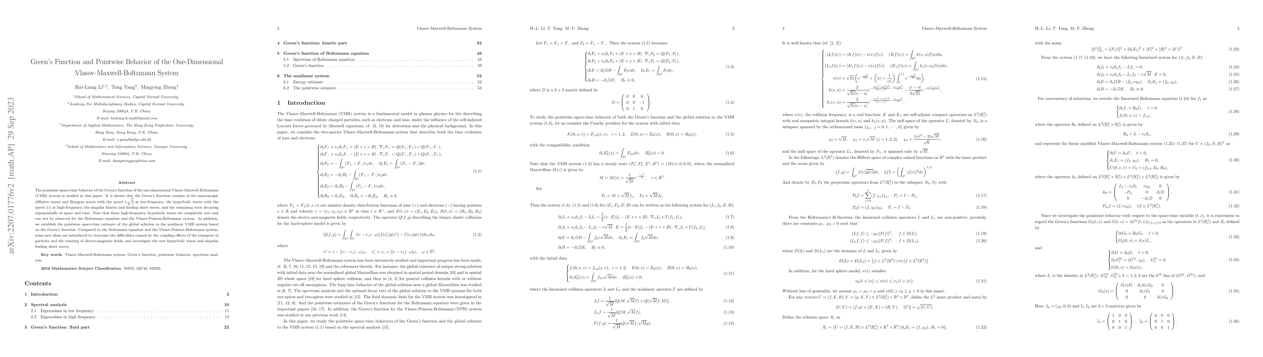 Thumbnail for Green's function and Pointwise Behavior of the One-Dimensional
  Vlasov-Maxwell-Boltzmann System