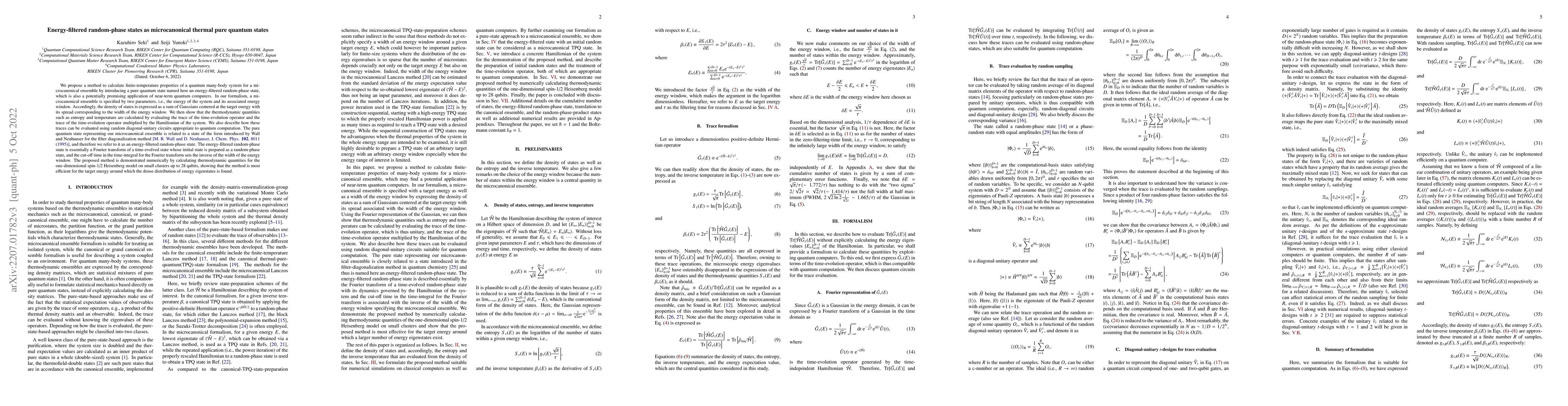 Thumbnail for Energy-filtered random-phase states as microcanonical thermal pure
  quantum states