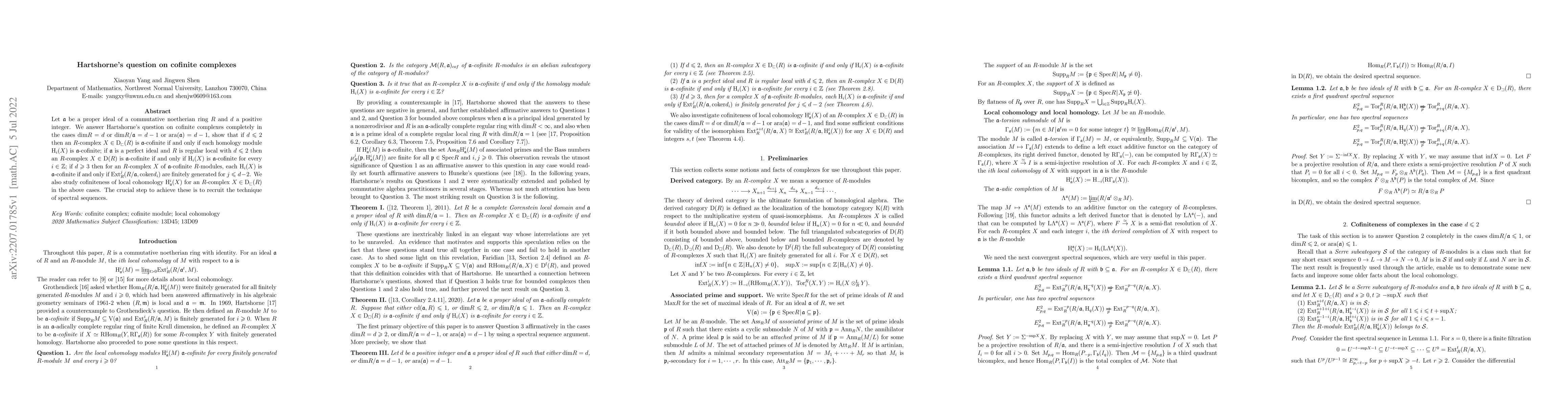Thumbnail for Hartshorne's question on cofinite complexes