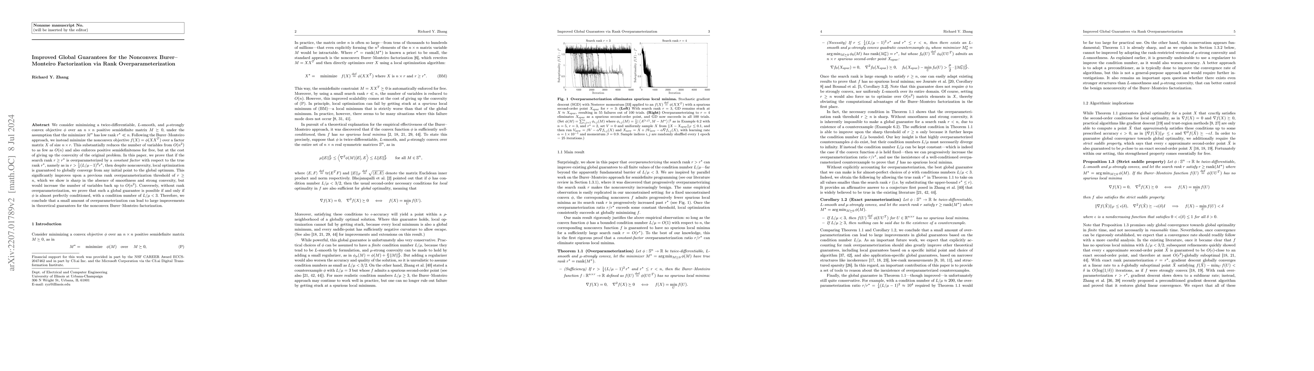 Thumbnail for Improved Global Guarantees for the Nonconvex Burer--Monteiro
  Factorization via Rank Overparameterization