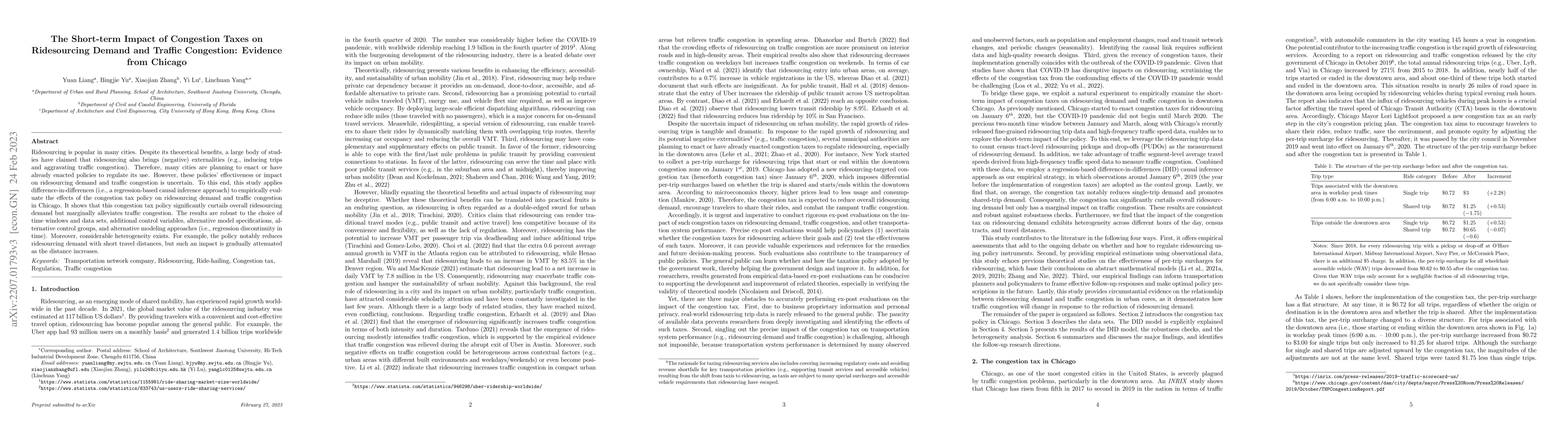 Thumbnail for The Short-term Impact of Congestion Taxes on Ridesourcing Demand and
  Traffic Congestion: Evidence from Chicago