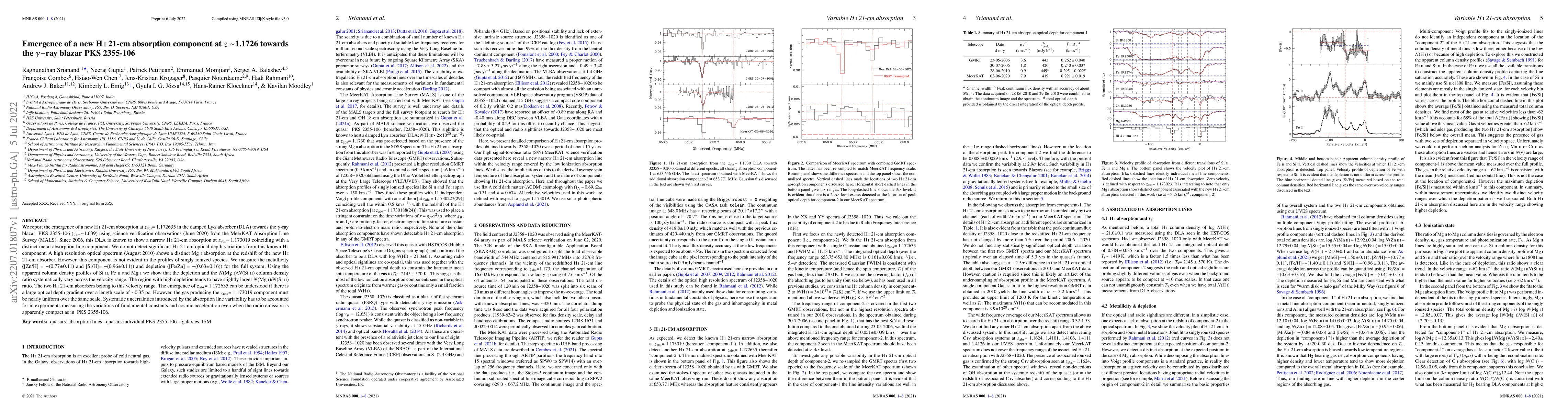 Thumbnail for Emergence of a new HI 21-cm absorption component at z~1.1726 towards the
  gamma-ray blazar PKS~2355-106