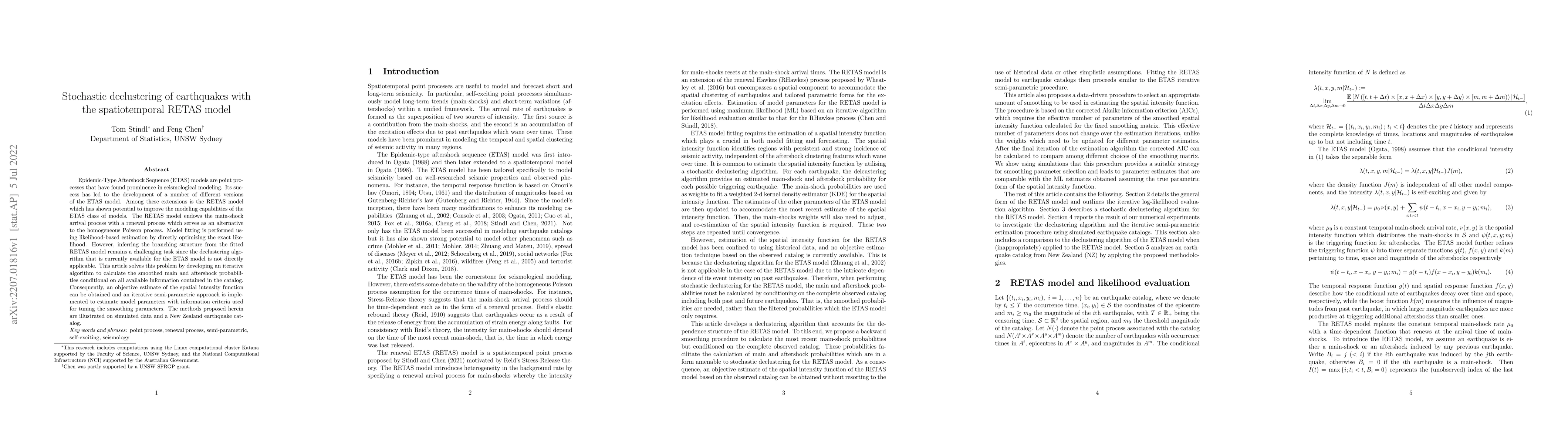 Thumbnail for Stochastic declustering of earthquakes with the spatiotemporal RETAS
  model